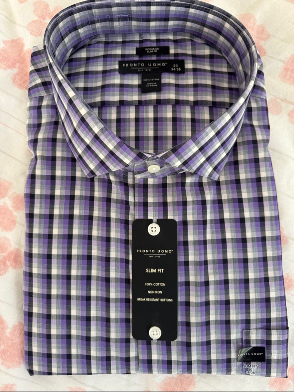 Pronto Uomo Purple and Black Plaid Slim Fit Long Sleeve Dress Shirt